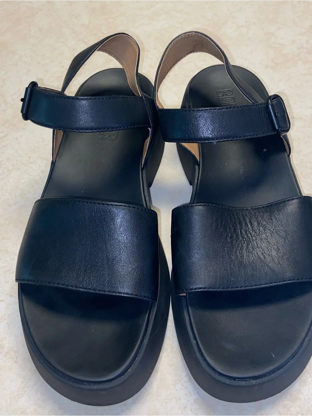 Camper shoes Womens Size 41 Black Platform Sandals Buckle Strap Leather Tasha